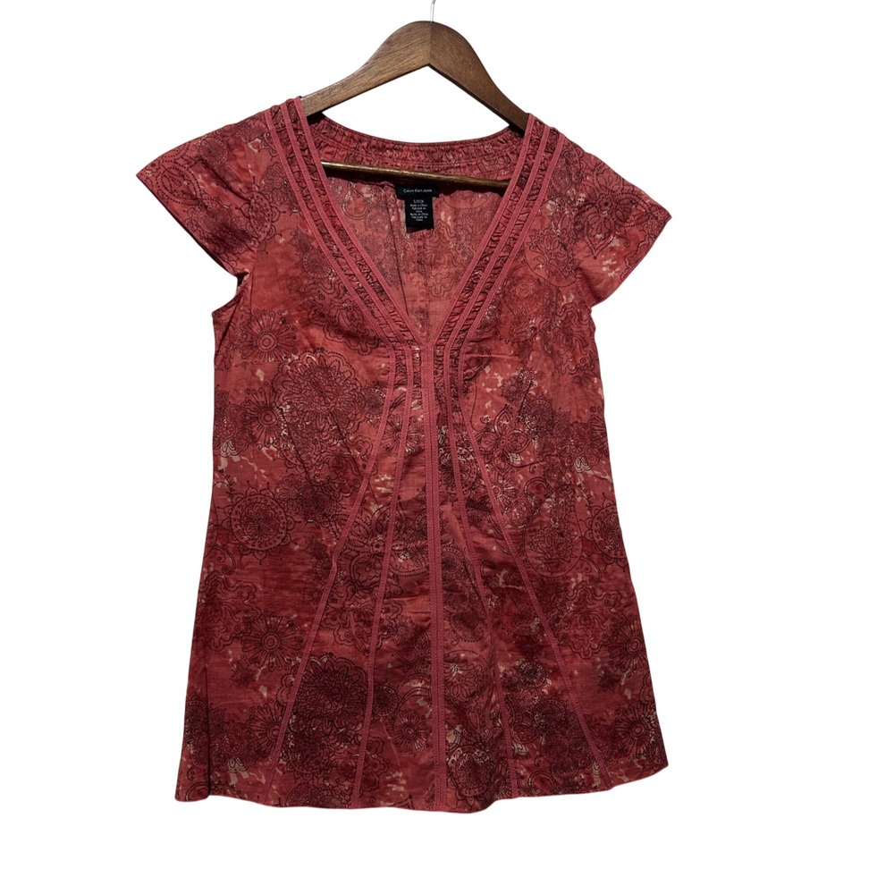 Calvin Klein Jeans Women Indie Top S Red Paisley Floral Cap Sleeve Festival